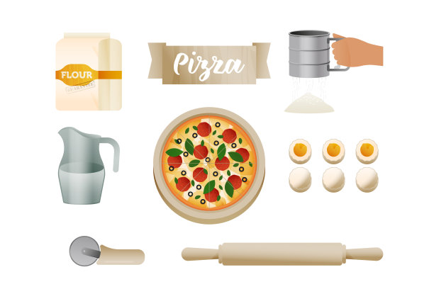 披萨。现代平面矢量概念插图。切菜板上的披萨，披萨片，面粉包装，滚筒，滚筒销，手用筛，鸡蛋，一壶水。图片下载