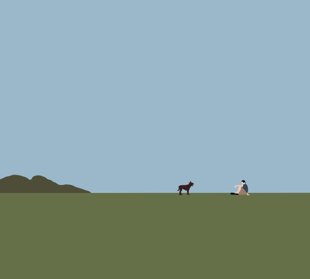 一个人和狗坐在公园的草地上放松，健康和运动锻炼。爱，健康和宠物。早晨一起户外散步。图片下载