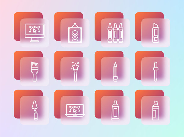 集线文具刀，电脑与设计程序，铅笔橡皮擦，管油漆调色板，魔术棒，蜡笔绘画，和图片图标。向量图片下载