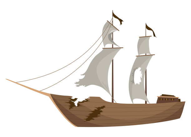 破船图标。在沉船或攻击后，带有破烂旗帜和帆的卡通木船。摧毁，沉船孤立在白色背景图片下载