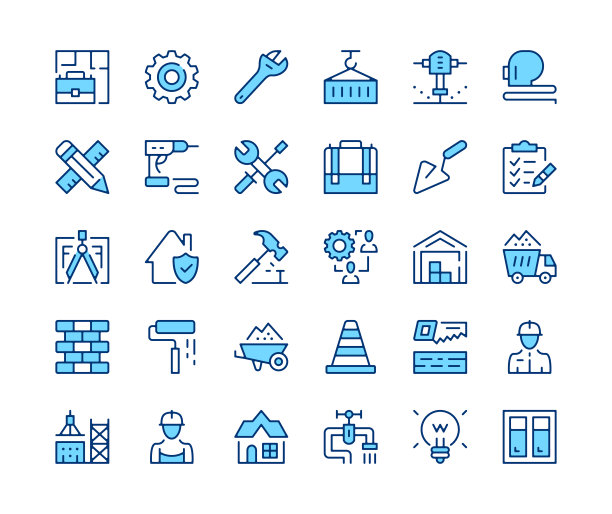 建筑图标集。矢量线图标。蓝色轮廓笔画符号。现代概念图片下载
