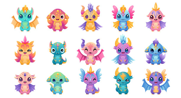 可爱的小怪物集不同的眼睛，翅膀，角。开朗快乐的面部情绪。儿童手绘矢量插图婴儿淋浴派对，房间设计和卡片模板。图片下载