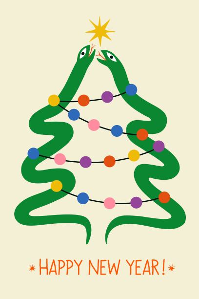 矢量新年2025插图与一对绿色的树蛇做圣诞树。新年快乐字字连连。图片下载
