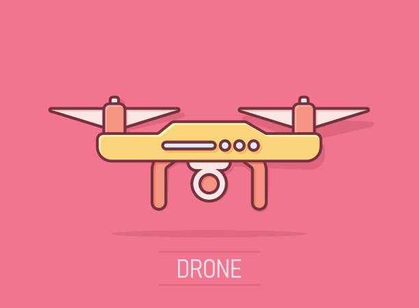 漫画风格的无人机四旋翼机图标。四轴飞行器相机矢量卡通插图白色孤立的背景。直升机飞行业务概念飞溅效应。图片下载