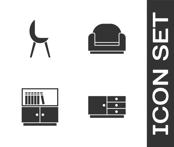 设置抽屉柜，扶手椅，图书馆书架和图标。向量图片下载