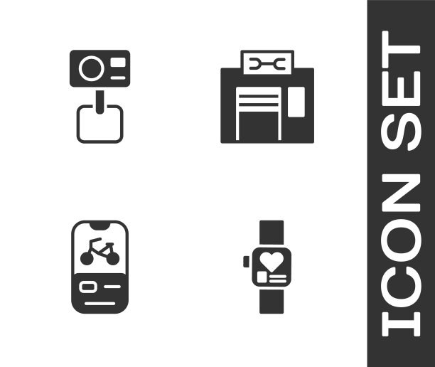 设置智能手表，动作极限相机，自行车租赁移动应用程序和维修服务图标。向量图片下载