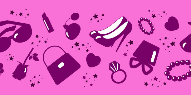 一套女人最喜欢的东西:珠宝、口红、包包、香水、高跟鞋。无缝的边界。图片下载