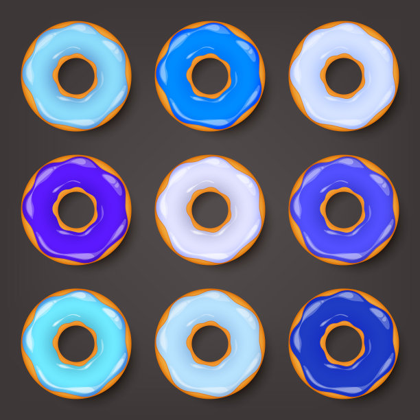 甜甜圈，奶油面包。饼干，饼干蛋糕套装。加了糖和焦糖的甜点。美味的早餐。自助餐厅的食物，小吃。咖啡店。矢量插图。图片下载