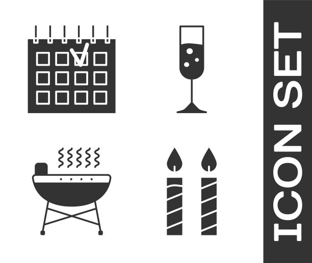 设置生日蛋糕蜡烛，详细的日历，烧烤架和香槟图标。向量图片下载