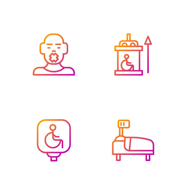 设有医院病床、残疾人轮椅、聋哑头和残疾人电梯。渐变颜色图标。向量图片下载