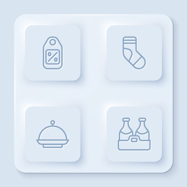 设置线价格标签与销售，圣诞袜，有盖托盘和香槟瓶。白色方形按钮。向量图片下载