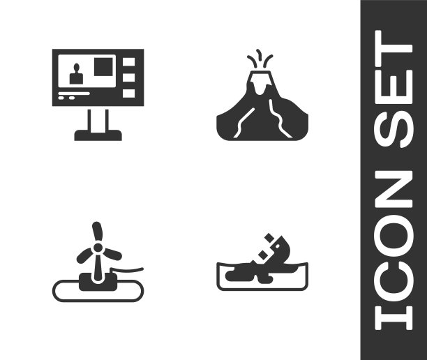 集失事油轮，电视报道，风力涡轮机和火山喷发与熔岩图标。向量图片下载