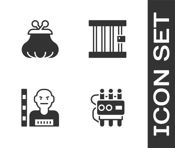 设置炸药和计时器，钱包，嫌疑犯和监狱窗口图标。向量图片下载