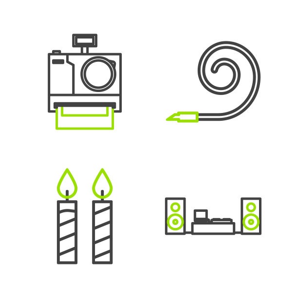 设置线家庭立体声与两个扬声器，生日蛋糕蜡烛，派对号角和照片相机图标。向量图片下载