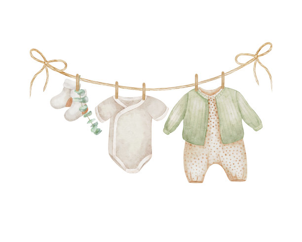 婴儿的衣服挂在绳子上，孤立在白色的背景上。水彩手绘插图。孩子的衣服，袜子，桉树树枝。完美的卡片，邀请和包装。图片下载