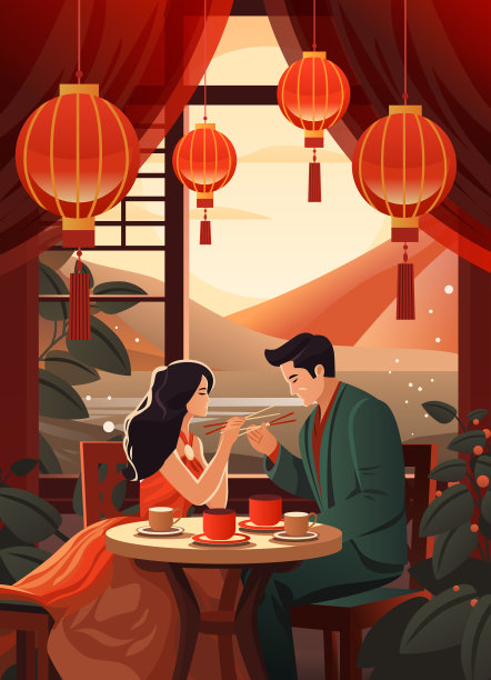 亚洲男人女人情人坐在餐桌上，在中国餐馆庆祝情人节快乐的概念垂直图片下载