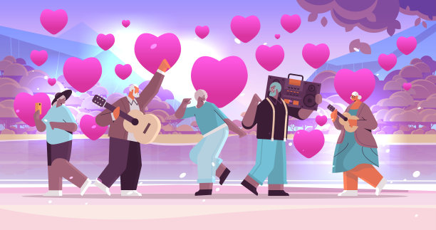 混合种族老年人在爱低音剪辑爆破录音机跳舞和唱歌祖父母有乐趣活跃的老年情人节图片下载