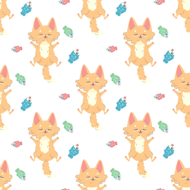 无缝图案猫充满了鱼和睡眠，矢量插图的织物图片下载