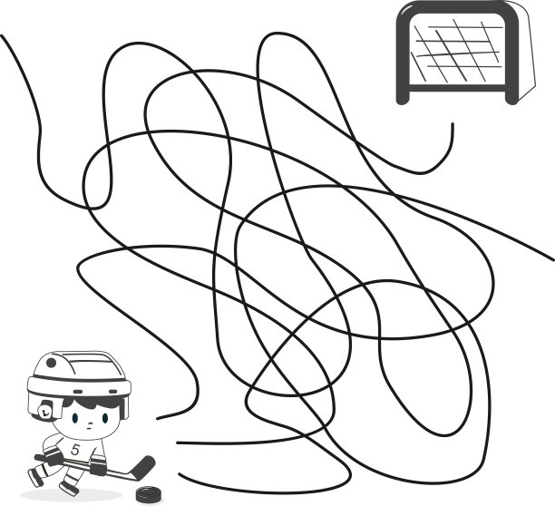 迷宫或迷宫游戏。谜题。卡通男孩打曲棍球的着色页轮廓。冬季运动。儿童涂色书。图片下载