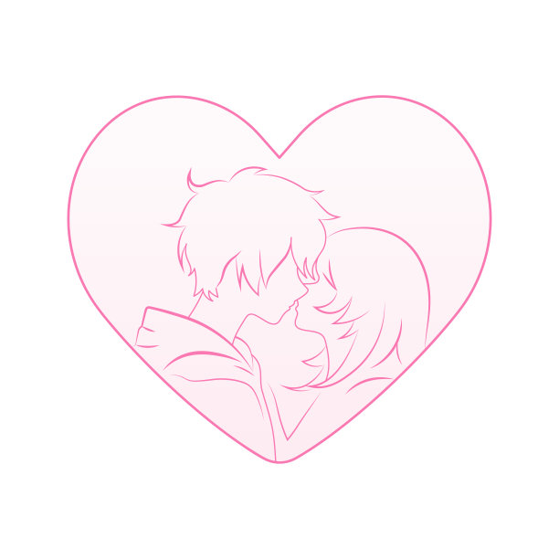 年轻夫妇剪影心形轮廓，爱情和浪漫的概念，极简线条艺术设计，现代浪漫插画。图片下载