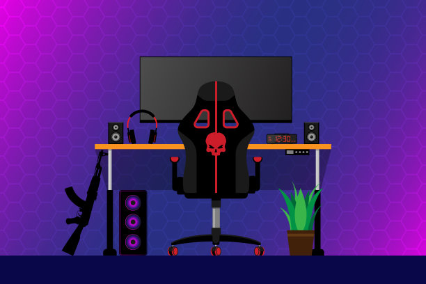 游戏电脑在桌子上的视频游戏室办公室站矢量插图图片下载