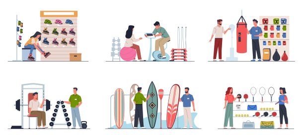 体育用品店的人。买家试穿旱冰鞋，考虑健身器材和网球拍，运动员选择器材，开心的顾客咨询卖家，男女如今向量集图片下载
