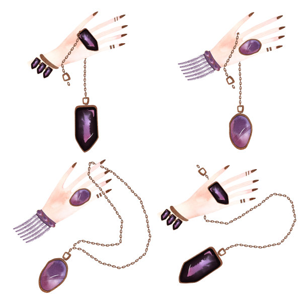 一副带有水晶吊坠的女性双手。水彩插图与粉红色和丁香条纹和梯度和金箔。孤立的图像为神秘和深奥的商店。图片下载