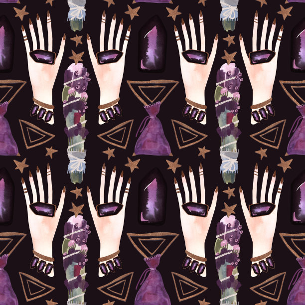 中医的手创造和谐。一种用草药和石头进行净化的神奇仪式。现代女巫的无缝图案。用于织物、墙纸和包装纸的水彩插图图片下载