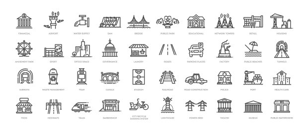 一组与公共基础设施相关的线条图标。城市元素图片下载