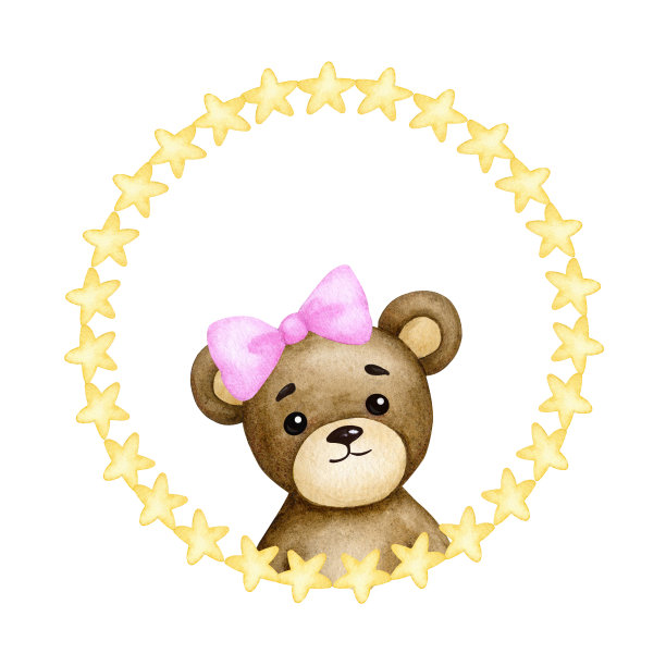 镜框里的熊宝宝。女孩。生日，婴儿派对，儿童派对。儿童水彩插画。设计元素的贺卡，海报，横幅，标志，邀请，包装。图片下载