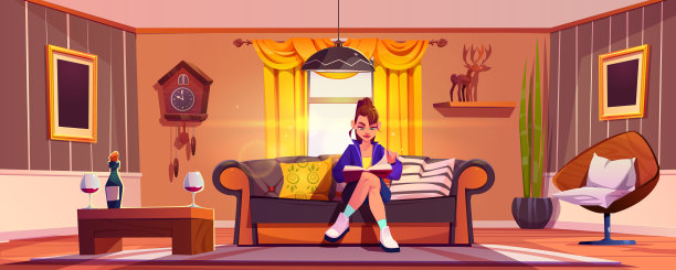 坐在沙发上的年轻女子在客厅看书图片下载