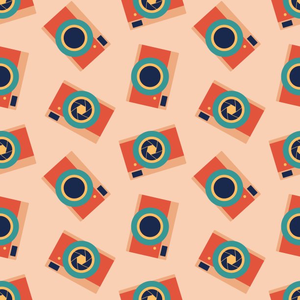 无缝复古相机图案在平面风格。旧的复古胶片相机与带子孤立的白色背景。重复平面矢量插图墙纸，纺织品，包装，剪贴簿。图片下载