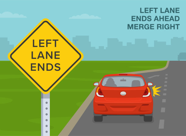 安全汽车驾驶技巧及交通规则。左车道尽头前方路标的特写。车道内的强制移动。矢量插图模板。图片下载