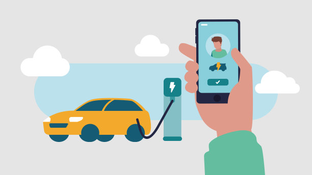 矢量插图的人加油他们的汽车在一个公共充电站和支付与他们的智能手机移动概念图片下载