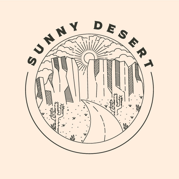 阳光明媚的沙漠复古线艺术和道路标志矢量符号插图设计图片下载