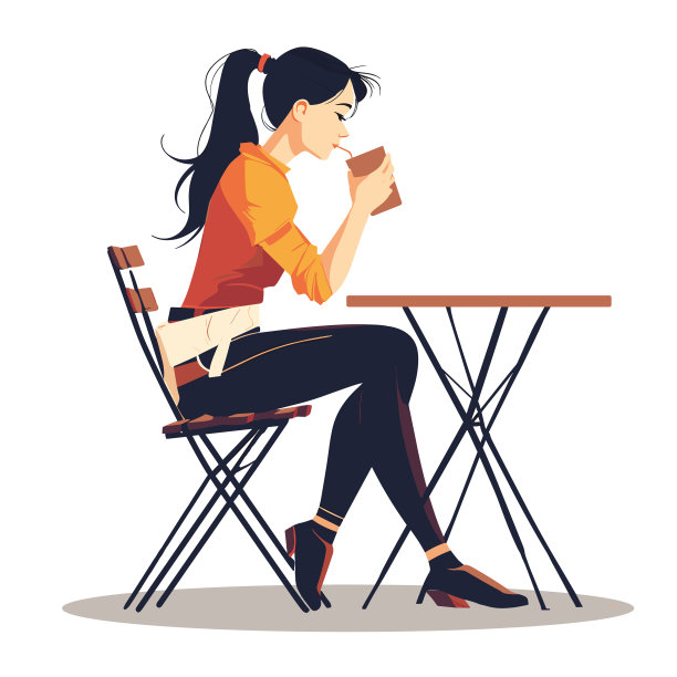 一个女孩在咖啡厅的桌子上喝咖啡，白色背景，平面简约插画，用户界面插画，简单的图标，白色背景。图片下载