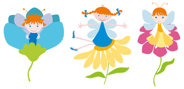 矢量画的三个各种欢快可爱的夏天童话小精灵坐在花孤立的白色背景。儿童设计插画图片下载