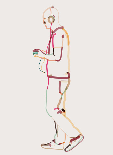 色彩条纹线条式水彩人像图案，男人在走路时戴着耳机听音乐图片下载