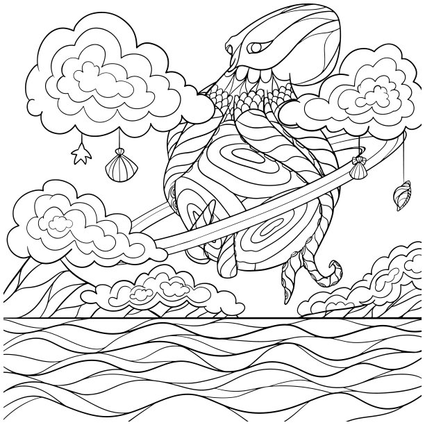 章鱼在天空中的线条艺术设计。图片下载