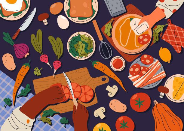 矢量背景的食物烹饪顶视图。标志图片下载