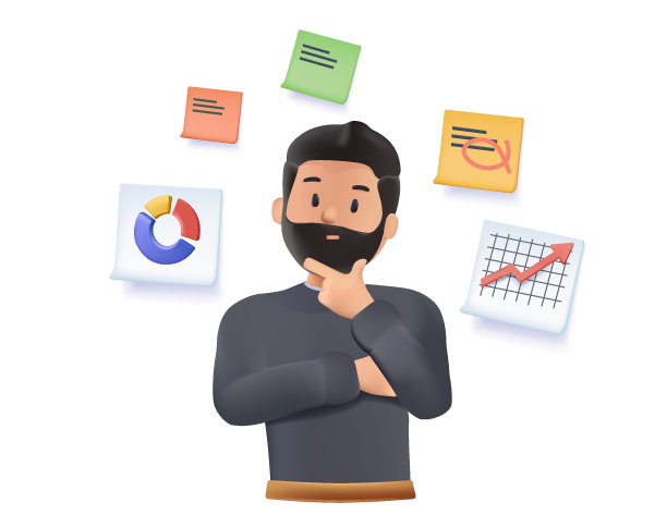 一个被贴纸包围的商人在想他的待办事项。3D风格矢量设计插图图片下载