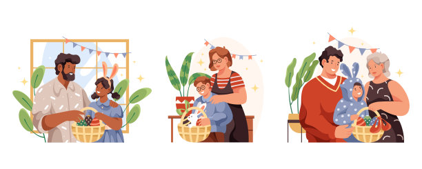 一套矢量家庭庆祝复活节假期图片下载