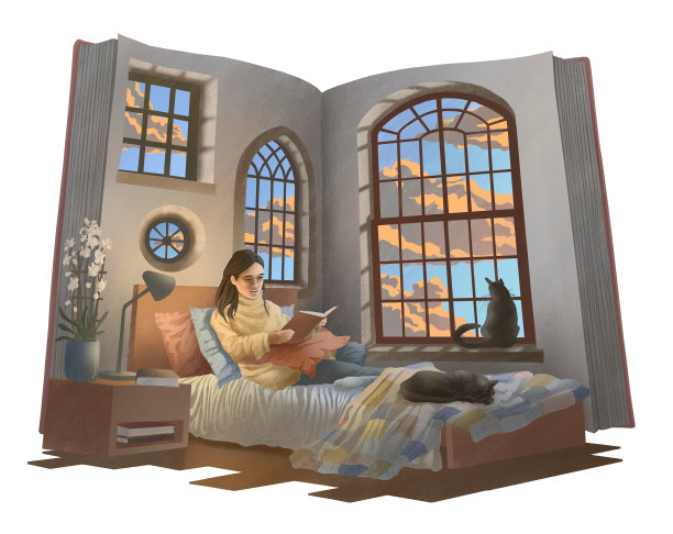 一个女人在看书，周围都是猫图片下载