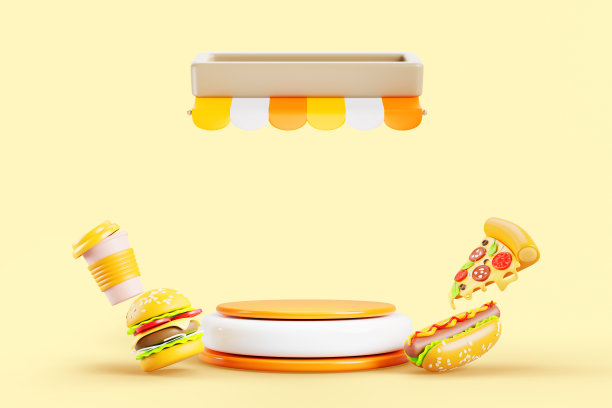 快餐店商店销售3d渲染背景。空的圆形讲台与条纹遮阳篷屋顶，飞行咖啡杯，汉堡，热狗和披萨图标。抽象广告横幅模板图片下载