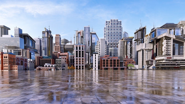 市中心城市天际线全景与突出的摩天大楼，建筑物，酒店在蓝天下。现代城市景观全景:写字楼、住宅楼、空广场楼三维城市场景图片下载