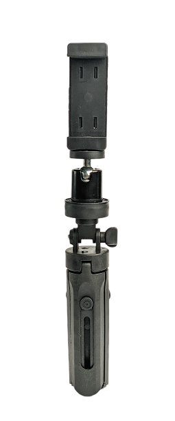 迷你三脚架与手机座隔离在白色背景。图片下载