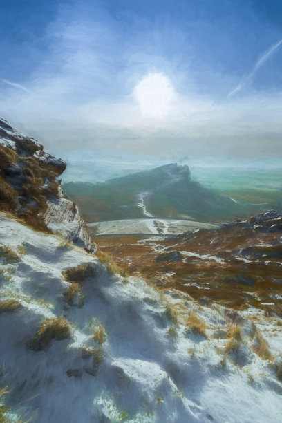 蟑螂。英国峰区国家公园冬季风景的数码油画。图片下载