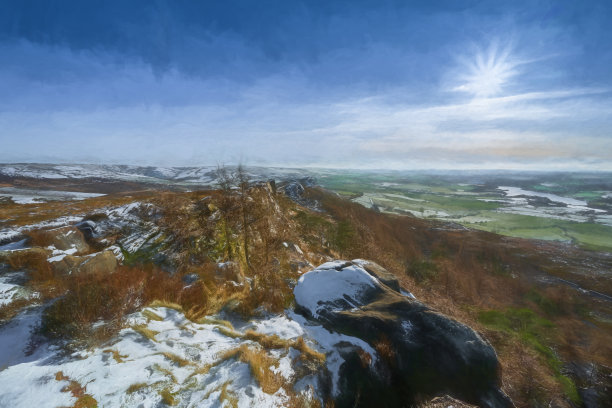 蟑螂。英国峰区国家公园冬季风景的数码油画。图片下载