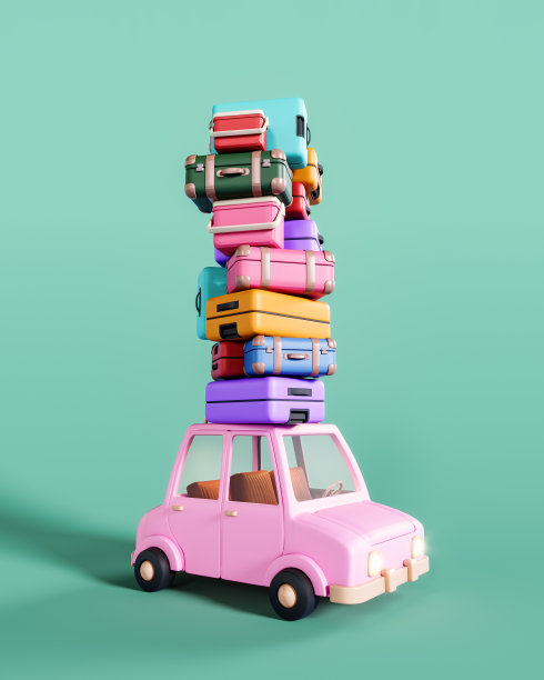 可爱的粉红色玩具车，车顶上有行李，准备在蓝绿色背景下旅行。图片下载