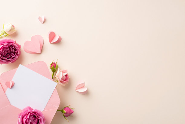 3月8日庆祝活动。俯视图照片，一个破裂的信封，深情的明信片，纸心剪纸，和盛开的玫瑰排列在柔和的米色表面，有空间添加文字或广告图片下载